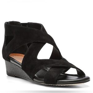 New Donald Pliner Vela Black Suede Criss Cross Strappy Sandals Low Wedge Sz 7